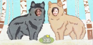 IMG 5282  Julie and Megan as Wolves, Alaska Zoo, Anchorage, AK