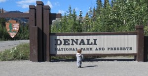 IMG 6250  Phelan running to the Denali National Park Sign