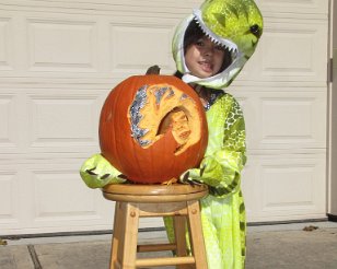 IMG_0198 Megan in her halloween costume and her Megan-o-lantern VII, Friendswood, TX